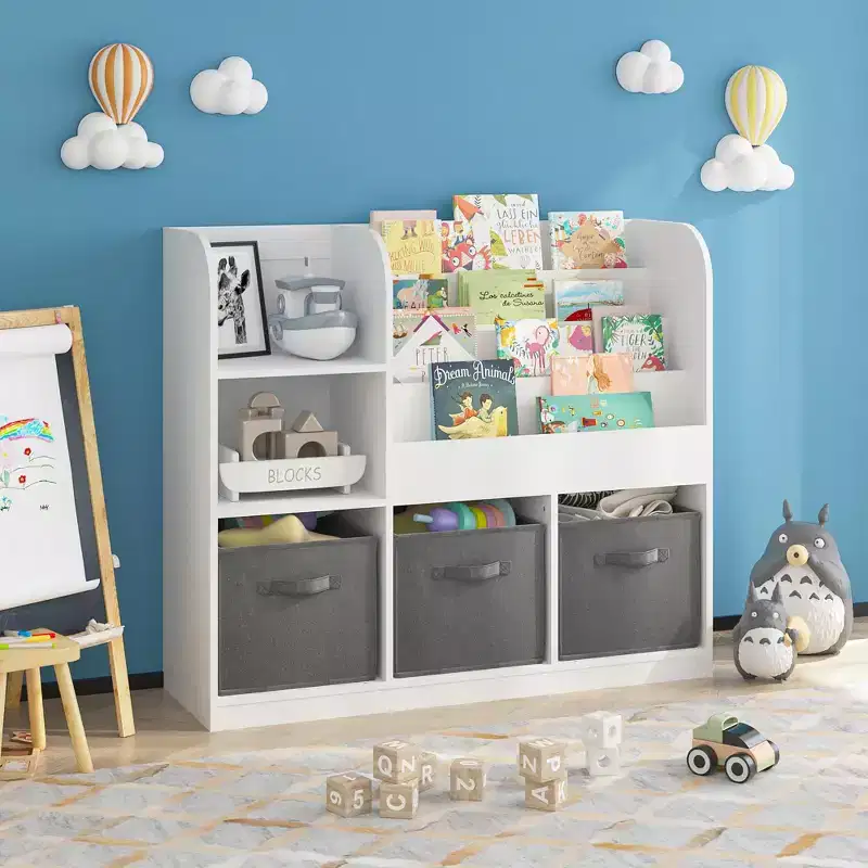Children's Bookcase with 3 Foldable Fabric Drawers, Display Shelf & Storage Rack - White/Gray