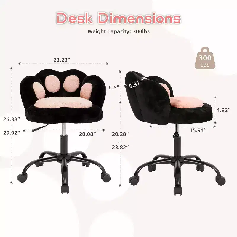 Vanity Chair with Cat Paw Back, Armless Small Desk Chair with Wheels, Teddy Fabric 360 Rotating Computer Chair, Adjustable Height for Home Office