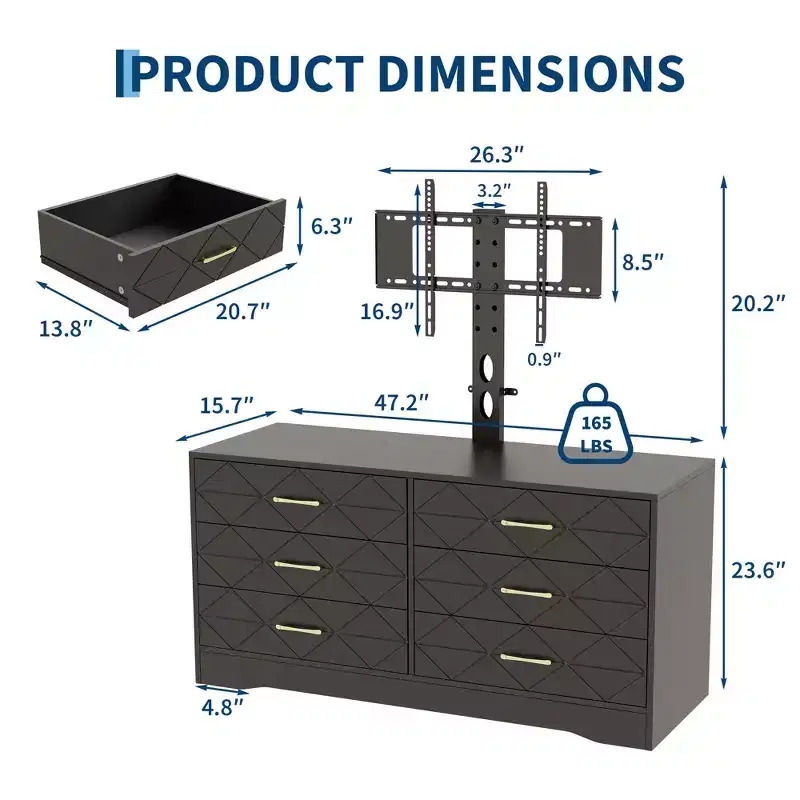 TV Stand with Adjustable Mount & 6 Drawers, Entertainment Center for 32-80 TVs, Media Console for Bedroom Living Room