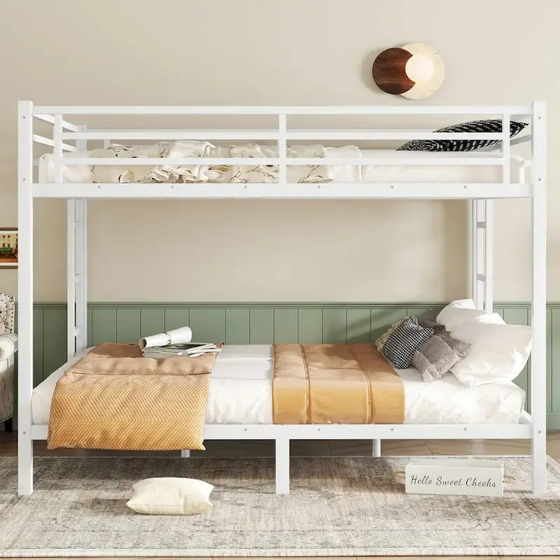 Heavy Duty Queen Over Queen Metal Bunk Bed - White