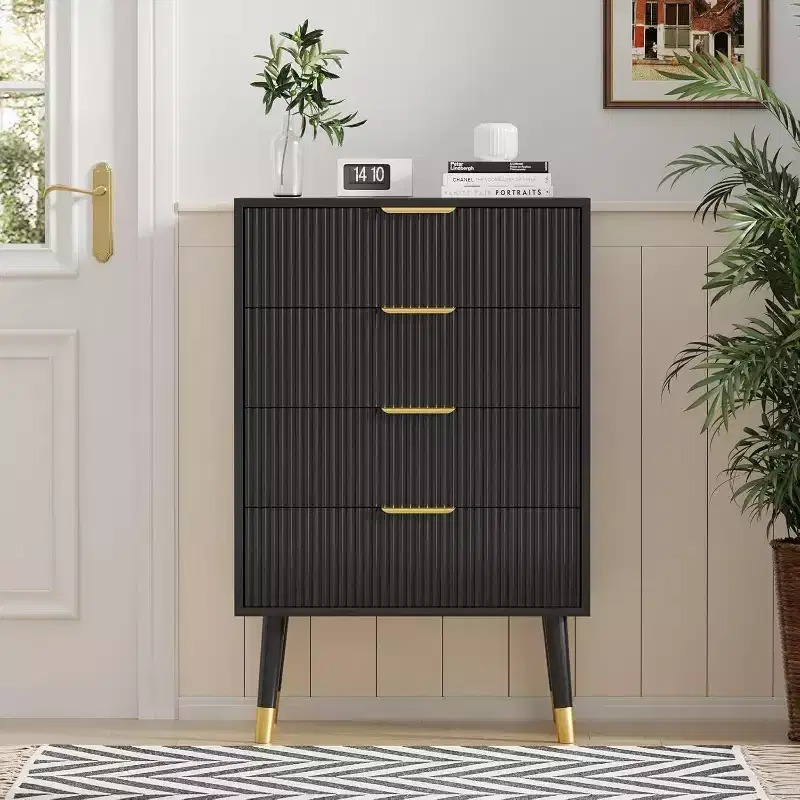 4-Drawer Fluted Dresser with Gold Handles & Metal Legs, Modern Bedroom Chest, Black/White