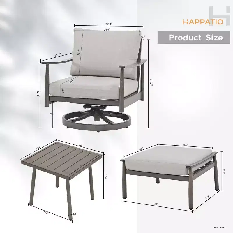 HAPPATIO Aluminum Outdoor Furniture Set,5 Pieces Patio Furniture Set, 1 Side Table, 2 Swivel Chairs and Ottomans with Cushion for Yard Deck Poolside