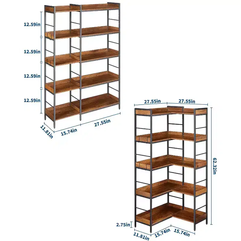 COZONY 65 5-Tier Industrial Bookshelf with 4 Hooks, Reversible Corner Wooden Bookcase with Metal Frame, Open Shelves for Living Room Bedroom Office