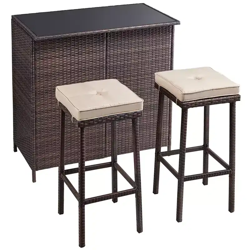 Yaheetech 3-Piece Outdoor Bar Set Rattan Wicker Patio Furniture Set Brown