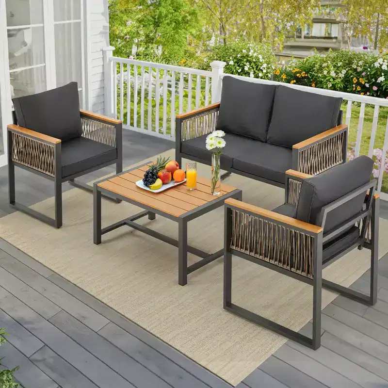 EROMMY 4pcs Modern Metal Patio Furniture Set, All-Weather Outdoor Conversation Set with Removable Washable Cushions & PE Woven Rattan