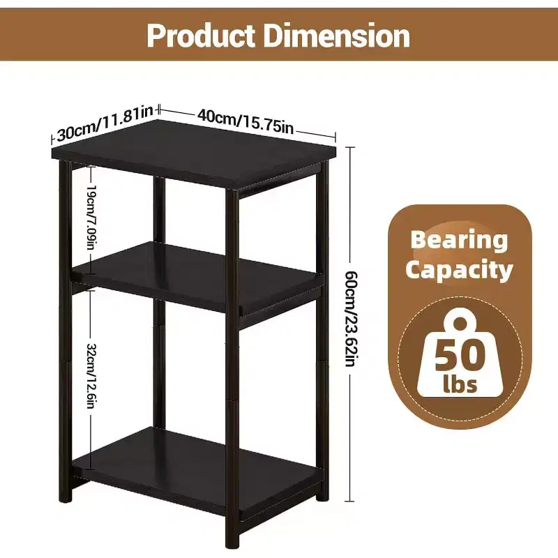 3-Tier Side Table with Storage, Small End Table & Telephone Table, Metal Frame Tall Nightstand for Living Room, Bedroom, Office, Bathroom