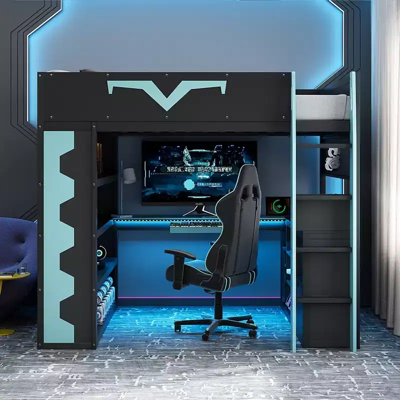 Whisen Full Size Gaming Loft Bed with Desk, Large Bookshelf, Pegboard, Keyboard Tray & Storage Drawer
