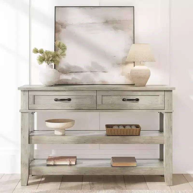 47.2 Inch Entryway Table with 2 Drawers, 3-Tier Farmhouse Wooden Console Table with Open Shelves, Hallway Sofa Table for Living Room in Gray