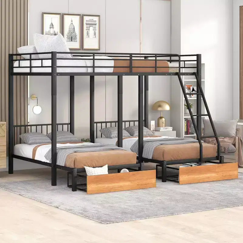 Full over Twin & Twin Bunk Bed Frame for 3 Kids, L Shaped Metal Triple Bunk Bed with Drawers and Guardrails