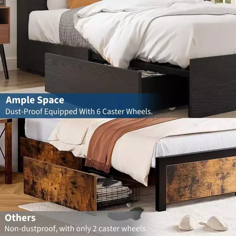 Bed Frame with Bookcase Headboard, 4 Drawers & Built-in Charging Station – No Box Spring Needed