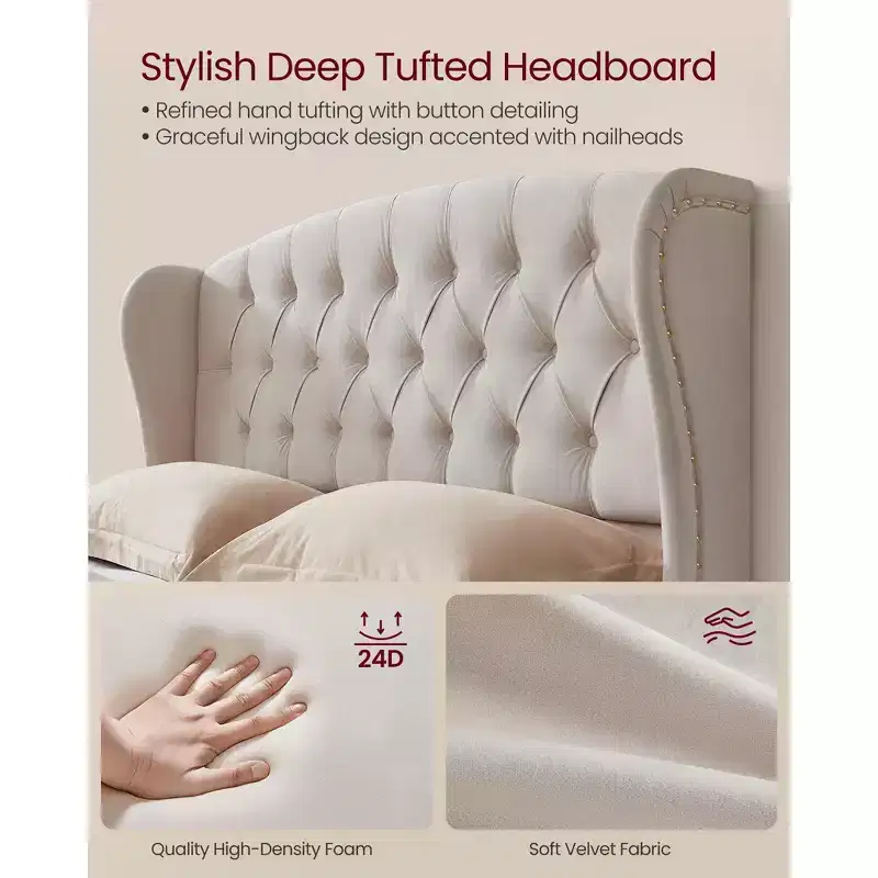 Queen Bed Frame with Tall Headboard, Upholstered Platform Bed Frame Queen Size, with Wingback Tufted Headboard, Cappuccino Beige