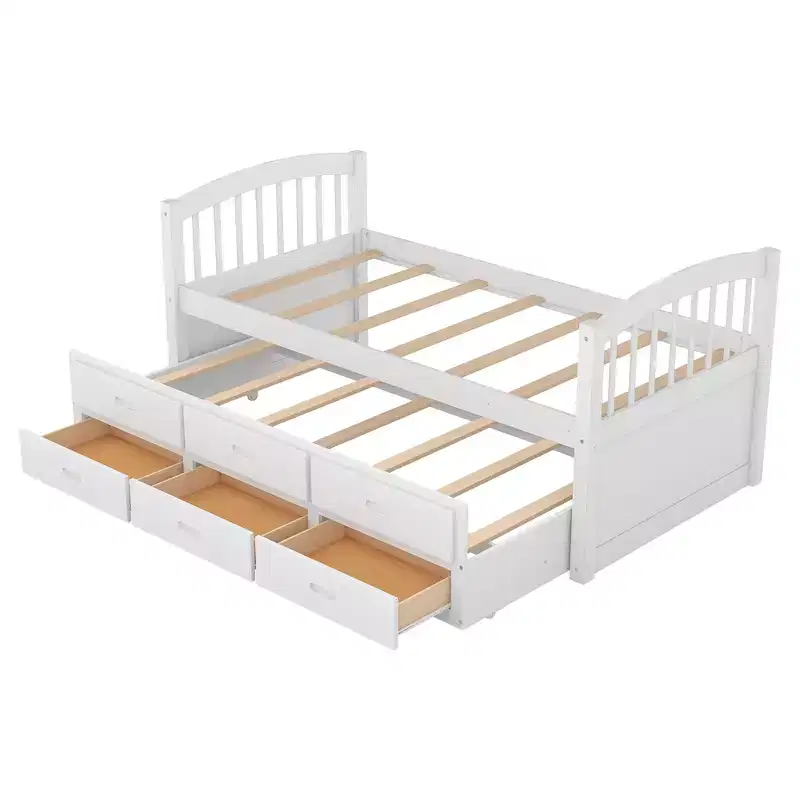 Twin over Twin Wood Bunk Bed with Ladder, Trundle & 3 Drawers – 400 lbs
