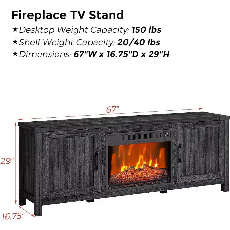 67 TV Stand Entertainment Center - Fits up to 65 Inch TVs, 2 Doors Storage Cabinet with 23 Electric Fireplace Heater & Remote Control, Dark Gray