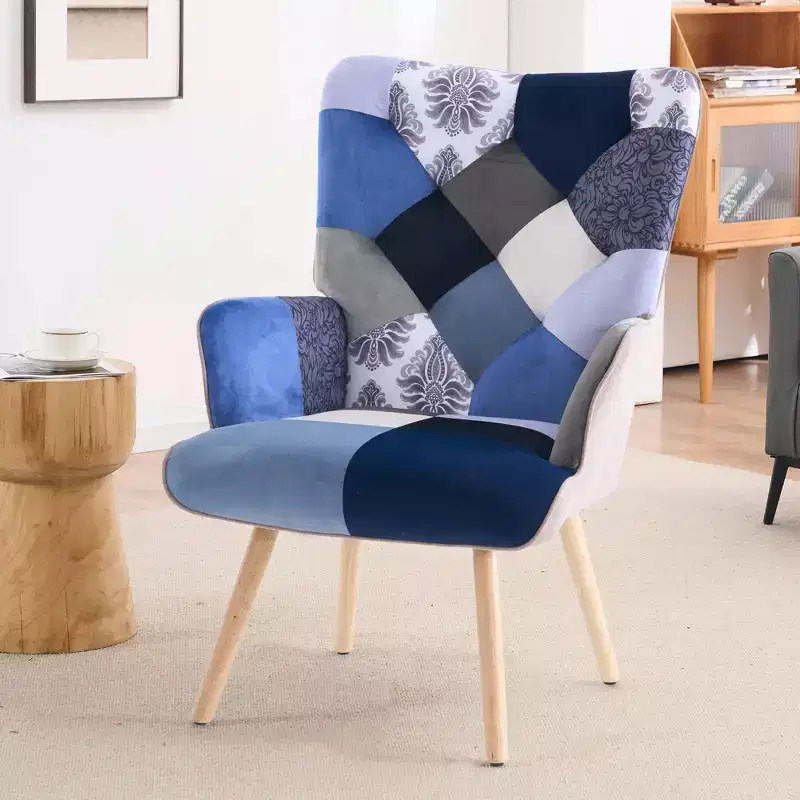 FERPIT Patchwork Upholstered Wingback Accent Chair with Rubberwood Legs
