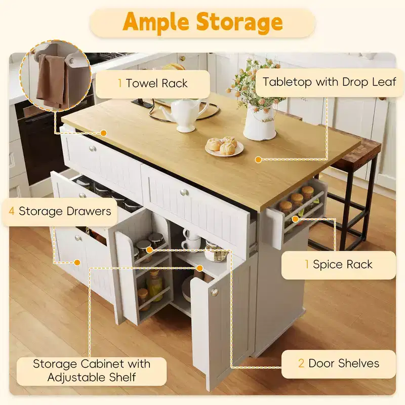 Farmhouse Kitchen Island with Drop Leaf, Drawers, Power Outlet and 2 Seats