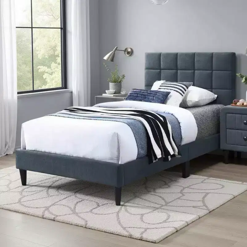 Royal Hampton Twin Bed, Soft Biscuit Tufted Charcoal Gray Linen Upholstery