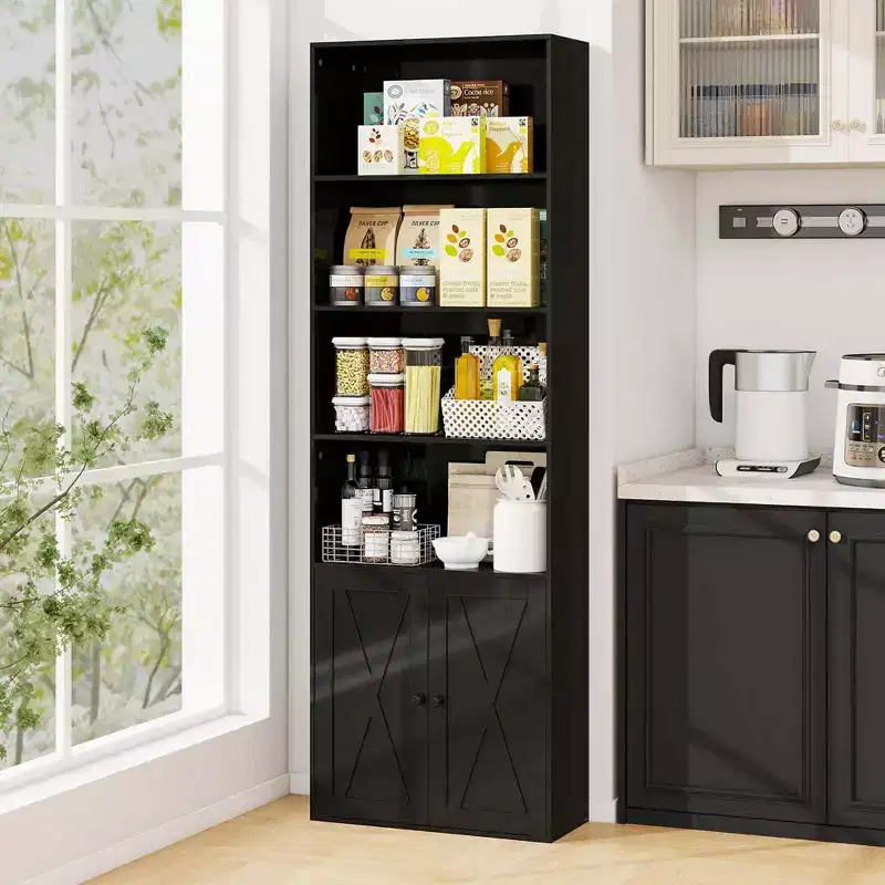 71 Farmhouse Bookcase with Doors with 6 Shelves & 2-Door Cabinet for Bedroom White/Black
