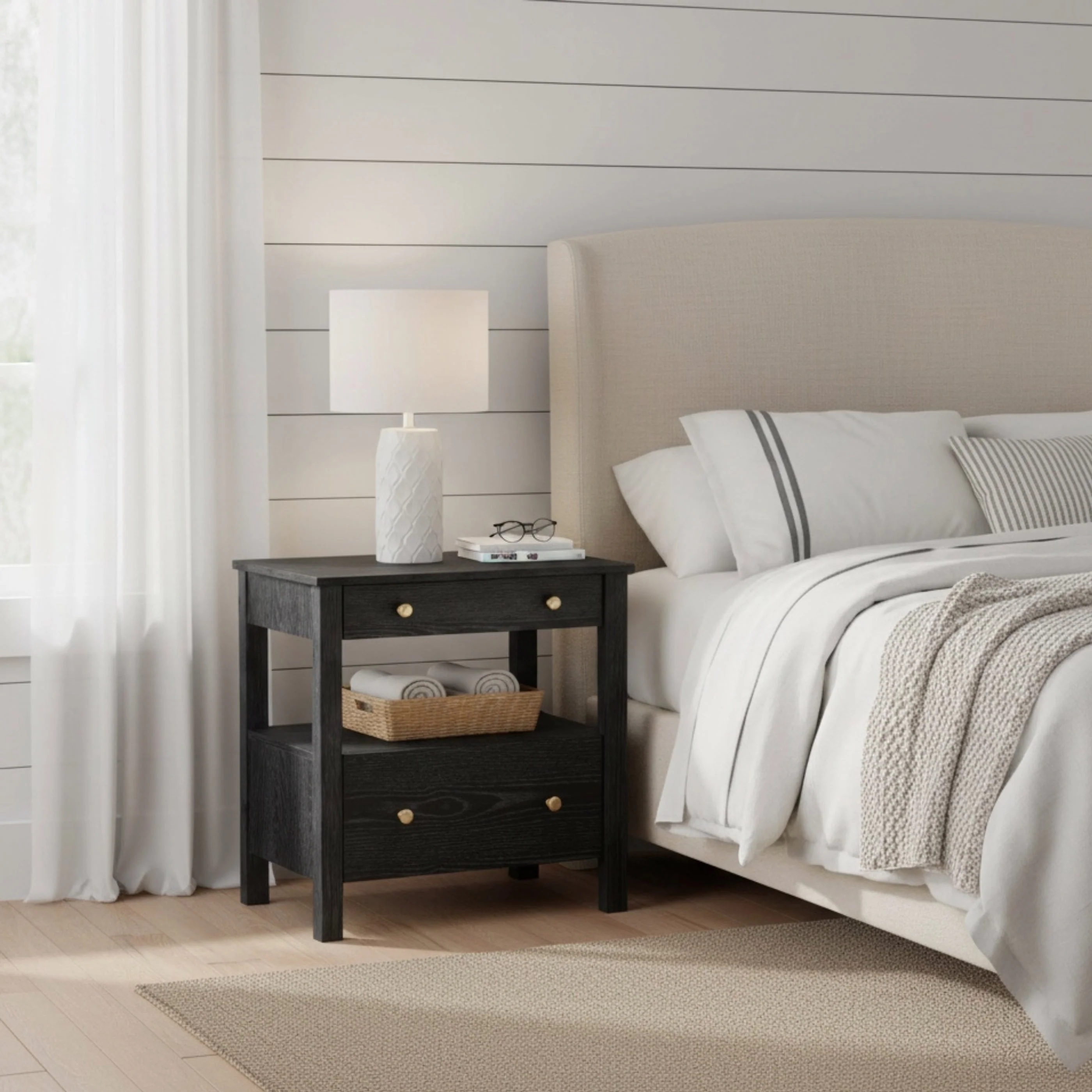 2-Drawer Oak Veneer Nightstand with Gold Knobs and Open Shelf