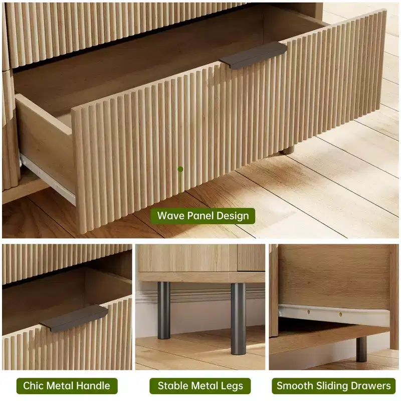 Natural Wave 5 Drawer Dresser for Bedroom, Modern Wood Dresser Chest of Drawers with Anti-Tipping Device and Metal Legs for Hallway Entryway