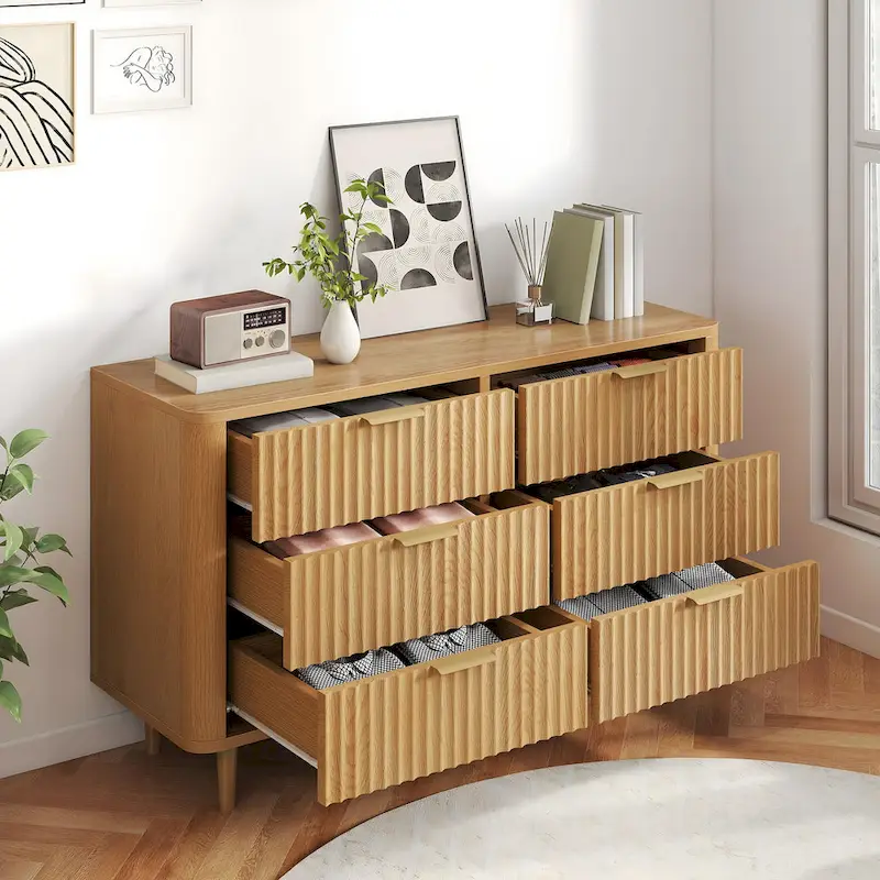 6 Drawer Dresser Wood Storage Dresser Organizer with Waveform Fluted Panel
