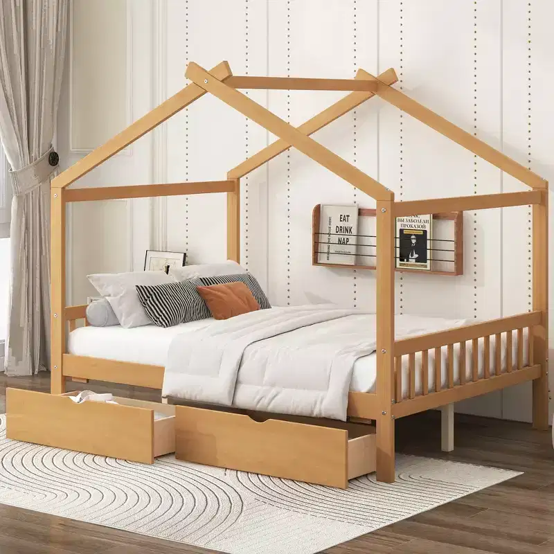 Full Wooden House Bed Frame with Two Storage Drawers, Platform with Roof Design Headboard and Footboard, for Girls Boys