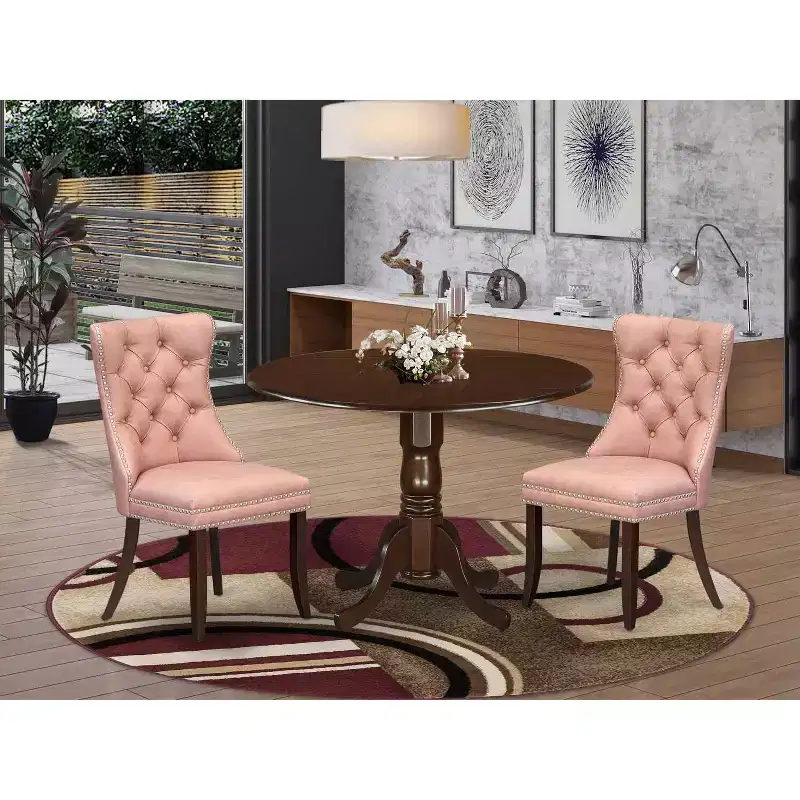 3-Piece Mahogany Finish Solid Wood Top-Round Upholstered Dining Room - Seats 4