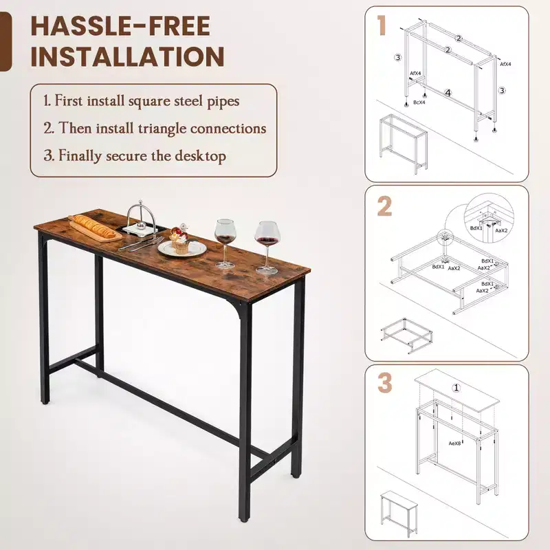 Costway 48 Rectangular Bar Table Kitchen Dining Table w/ Steel Frame & Adjustable Feet