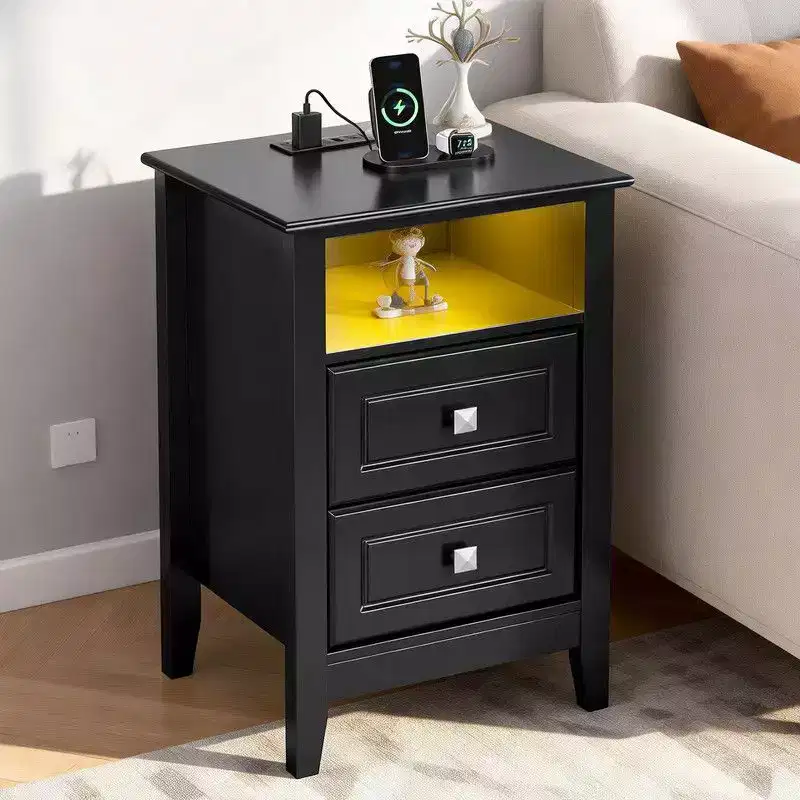 Karl Home 15.75 Inch 2 Drawer Nightstand with Shelf Power Outlets and RGB LED Lights