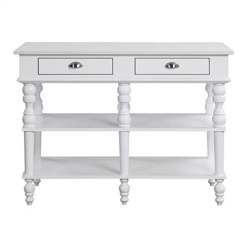 Kitchen Island with Marble Top & White Finish, 2 Open Shelves, 48