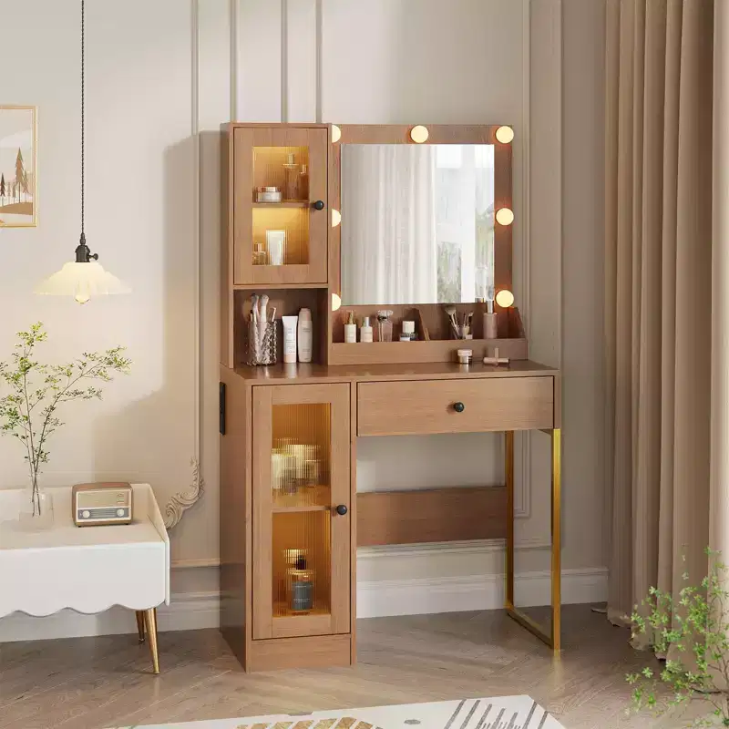 Vanity Desk with Mirror and Lights, Makeup Dressing Table w/Adjustable Bulbs, Sturdy MDF Top & Metal Leg, Smart Storage Drawers & Cabinets for Bedroom