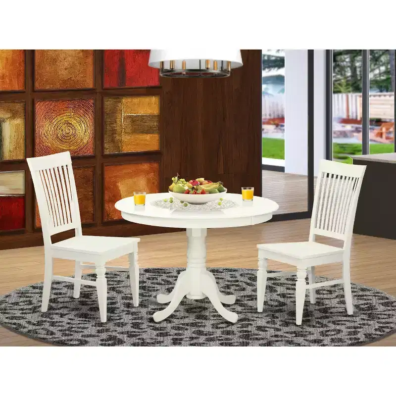 HomeStock 3-Pc Linen White Finish Solid Wood Top - Round Dining Room Set - Seats 4