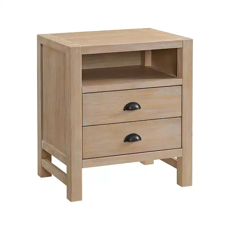 Arden 2 Drawer Wood Nightstand Light Driftwood - Alaterre Furniture: Rustic Pine Frame, Open Shelf, Oil Rubbed Bronze Hardware