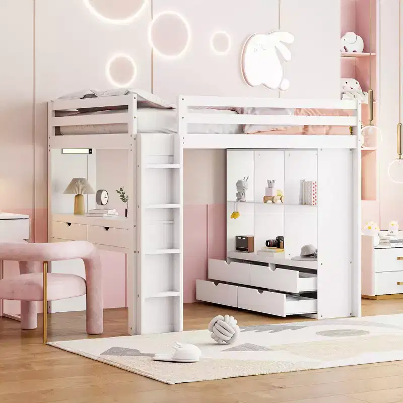 Full Size Loft Bed with Large Shelves, Writing Desk and LED Light, White