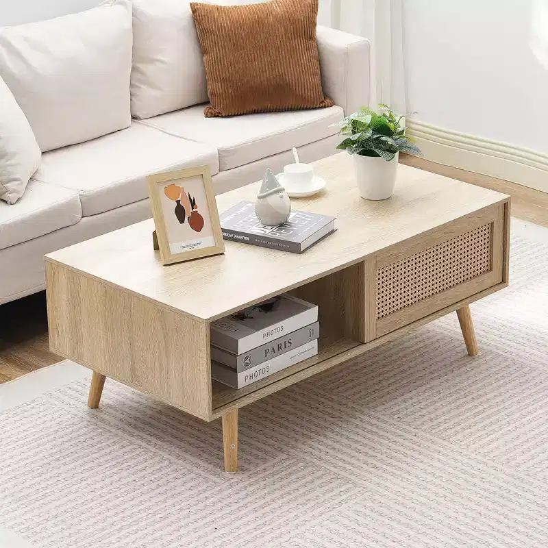 Rattan Coffee Table, Mid Century Modern Coffee Table, Rectangle Wood Coffee Table, 42 Inch Modern Boho Style Two Layers Storage Coffee Table