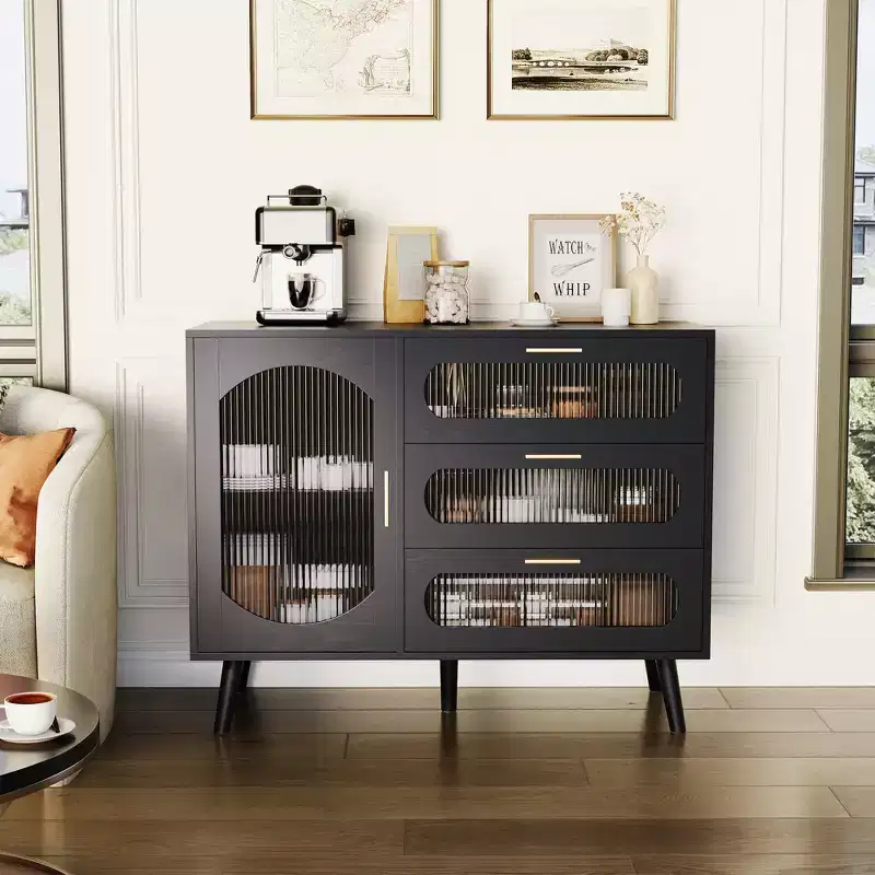 Sideboard Buffet Cabinet with Storage, Buffet Cabinet with Fluted Door and 3 Drawers, Sideboard for Kitchen, Dining Roombeautiful