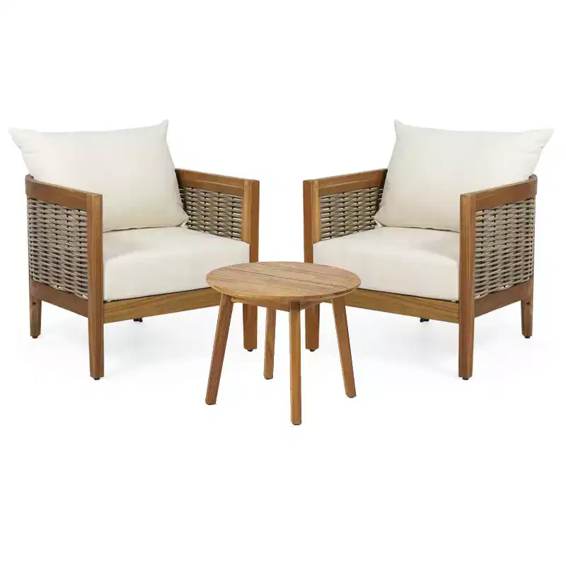 Christopher Knight Home Burchett 3 Piece Patio Acacia Wood and Faux Rattan Chat Set with Cushions