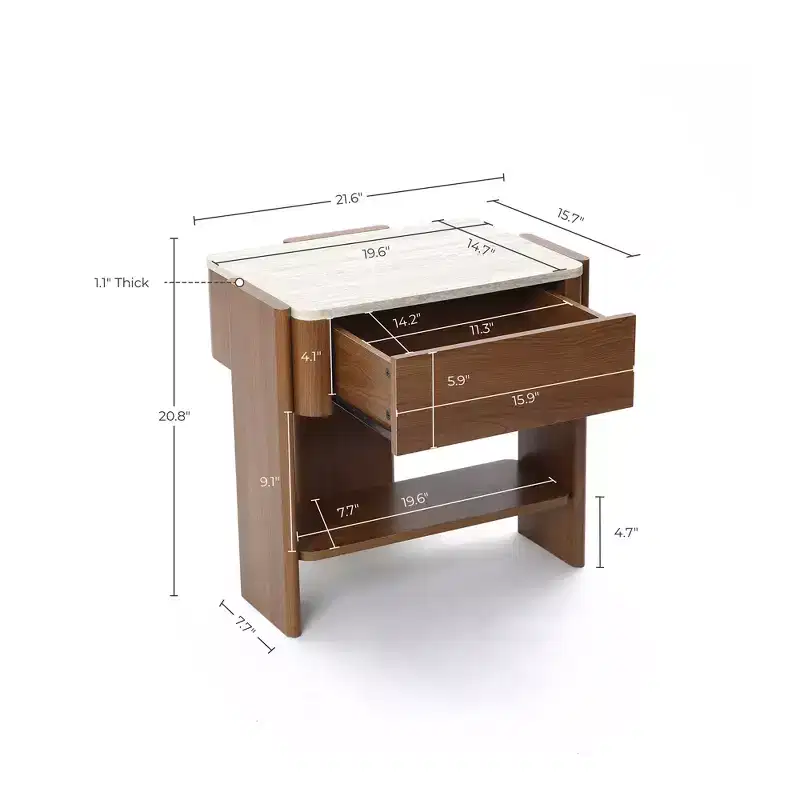 LuxenHome Faux Travertine Nightstand with Drawer and Open Shelf, MDF Wood Accent Side Table Brown