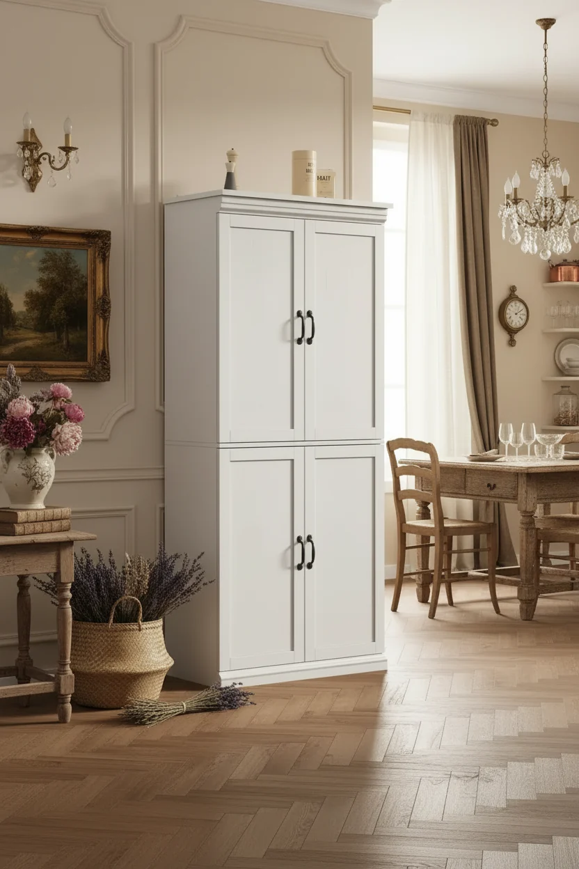 Tall kitchen storage cabinet with doors and adjustable shelves, freestanding cabinet, suitable for bathrooms, dining rooms, and living rooms.