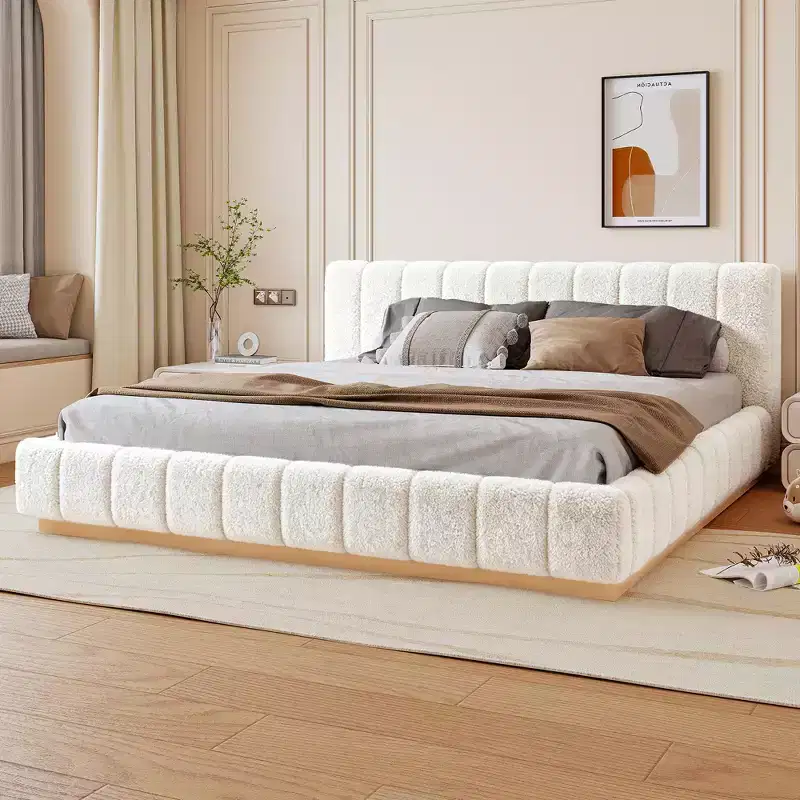Queen/King Size Platform Bed Frame, Boucle Upholstered Low Profile Bed Frame with Wood Base for Bedroom, Apartment - ModernLuxe