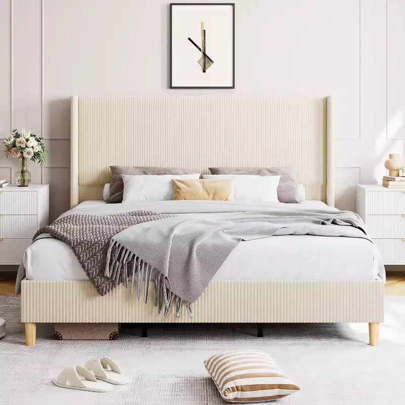 King Size Bed Frame,Upholstered Platform Corduroy Bed Frame with Vertical Channel Tufted Wingback Headboard, Strong Wooden Slats, No Box Spring Needed