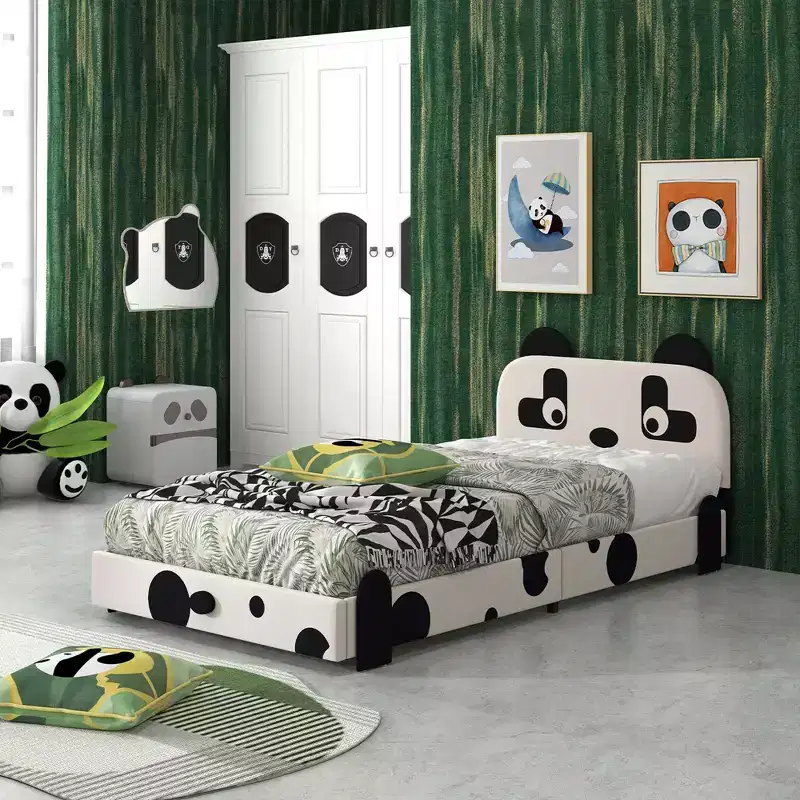 Twin Size Kids Toddler Upholstered Low Profile Bed Frame with Panda Headboard