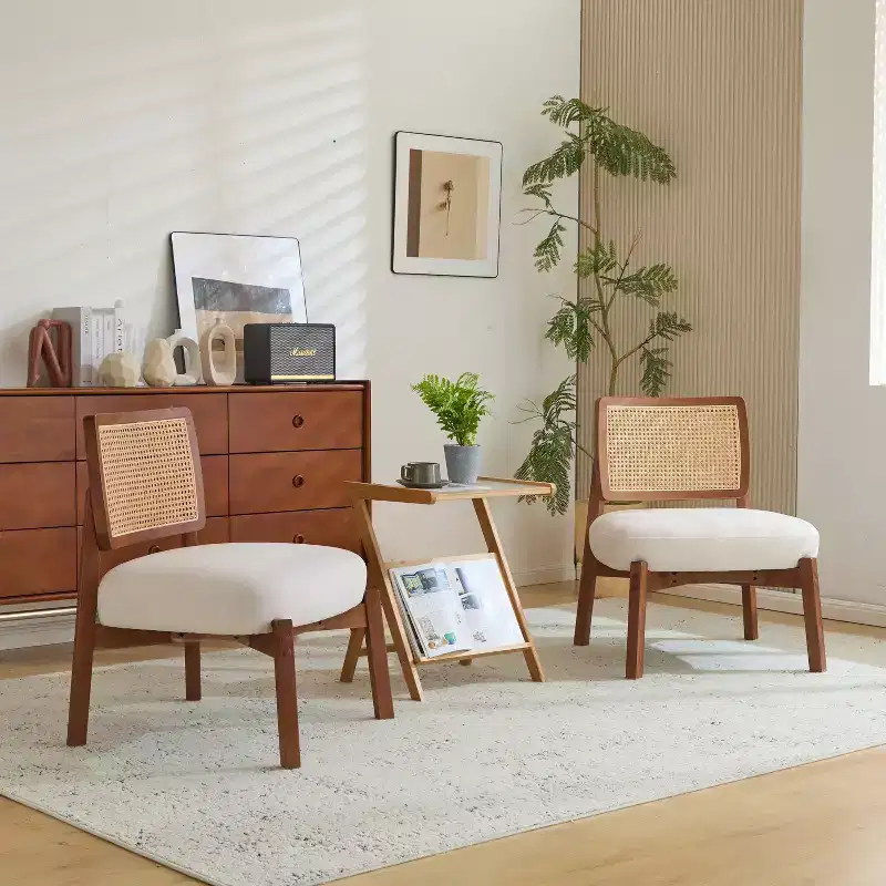 Set of 2 Accent Chair, Modern Lounge Chair Accent Seating with Woven Backrest, for Living Room, Bedroom, Beige -ModernLuxe