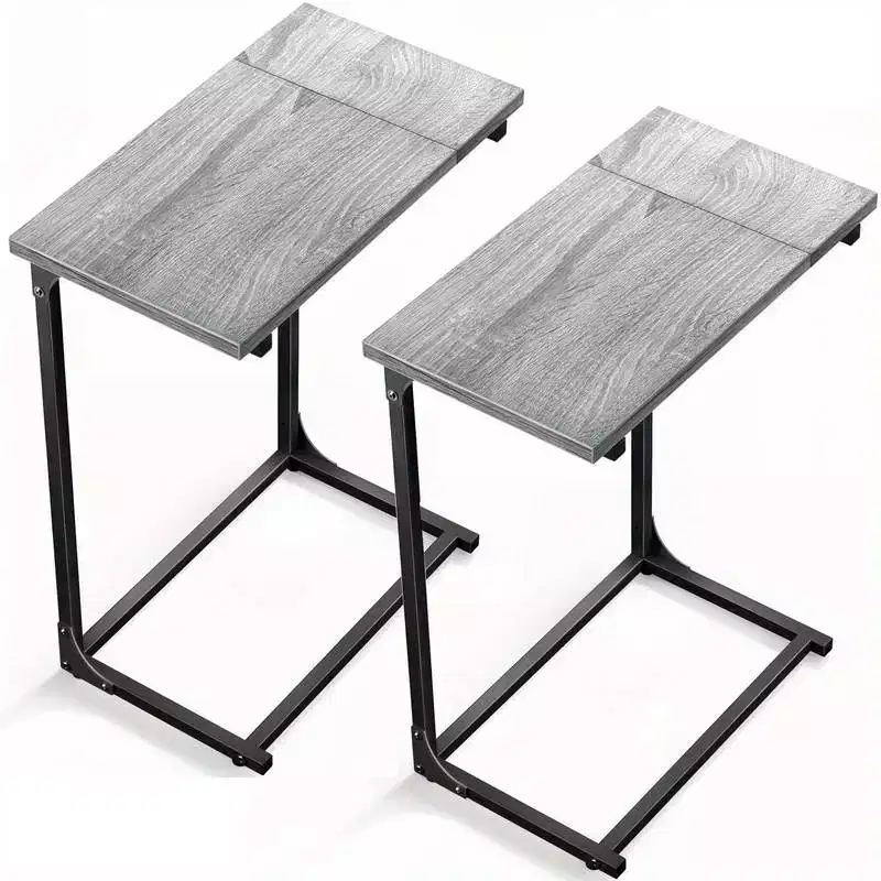 Set of 2 C-Shaped Side Tables with Metal Frame & Large Surface, Gray