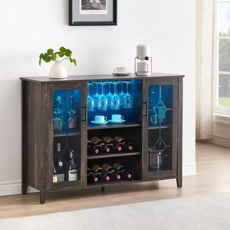 Wine Bar Cabinet with LED Lights, Liquor Cabinet with Glass & Bottle Rack, Coffee Bar Sideboard Buffet Storage for Dining Room