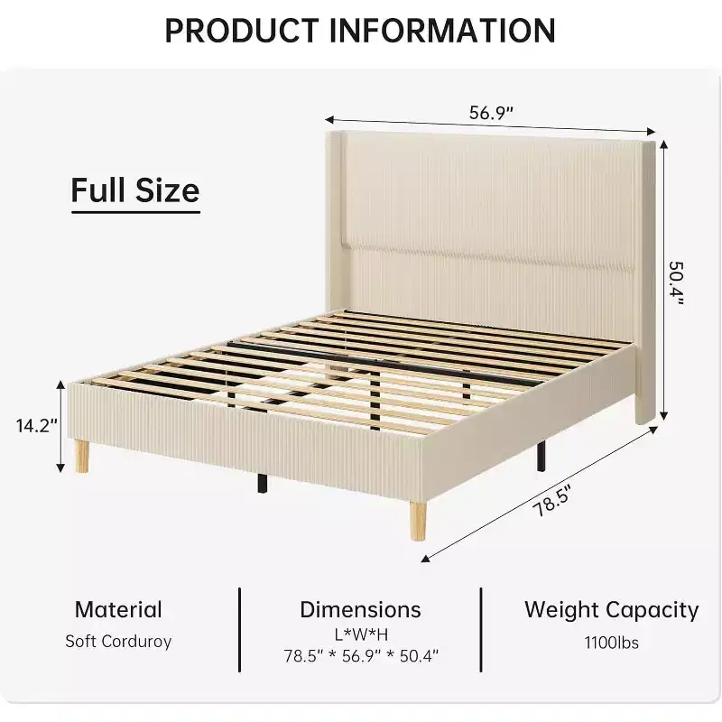 Corduroy Upholstered Platform Bed Frame, Wingback Headboard, Solid Wood Slats, No Box Spring Needed, Easy Assembly, Beige