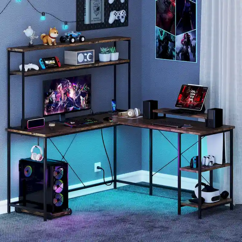 L-Shaped Gaming Desk with LED Strip & Power Outlets