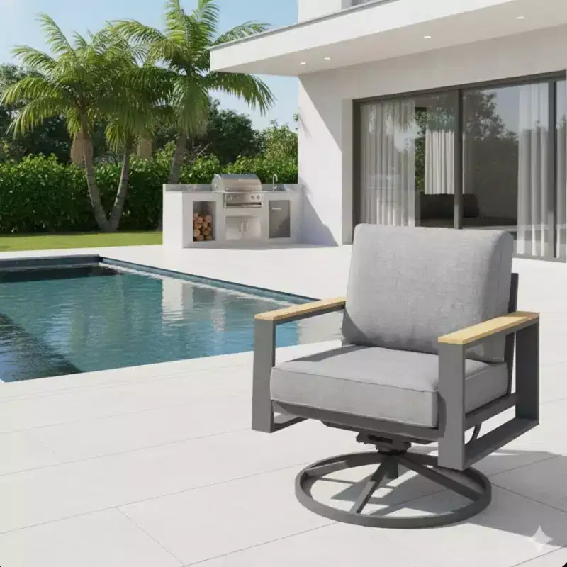 All-Weather 30 Aluminum Swivel Patio Dining Chairs with Gray Cushions