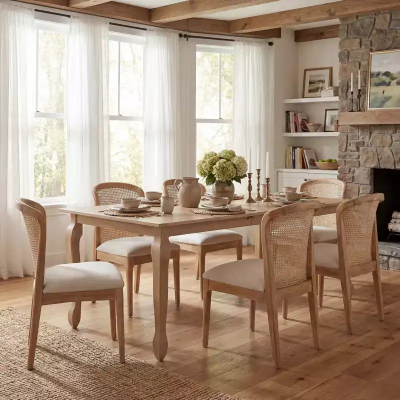 Christopher Knight Home Thaddea 7-Piece Farmhouse Expandable Rubberwood Dining Set with Rattan Fabric Upholstered Chairs