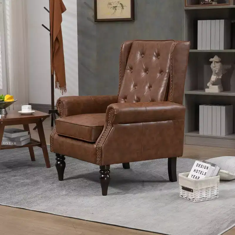 Wood Frame Armchair, Sturdy Wood Legs, Living Room Bedroom, Black PU