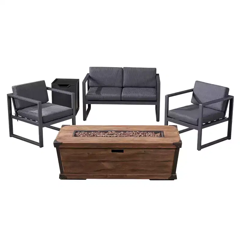 Christopher Knight Home Outdoor Aluminum 4 Seater Chat Set with Fire Pit, Gray/Brown